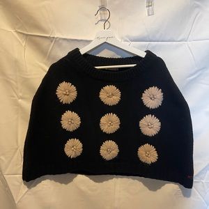 NWT Frances Valentines Black Wool Shrug Sz 2X w Ivory Flower Detail